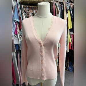 LOFT Pink Ribbed Lace V-Neck Cardigan Sweater